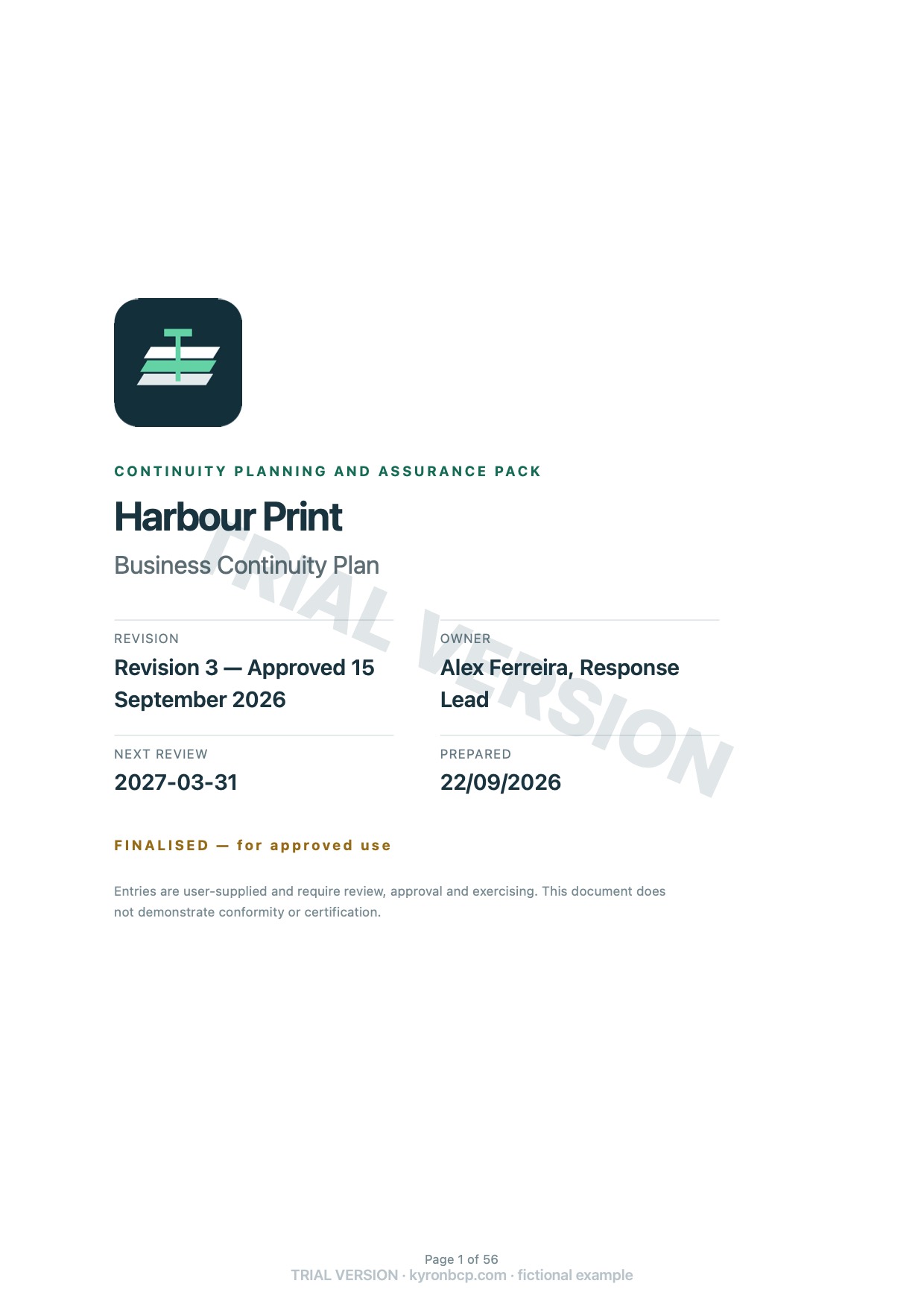 Page 1 of the fictional Harbour Print continuity plan, marked TRIAL VERSION