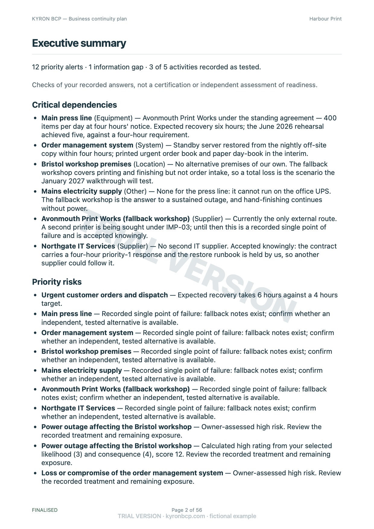 Page 2 of the fictional Harbour Print continuity plan, marked TRIAL VERSION