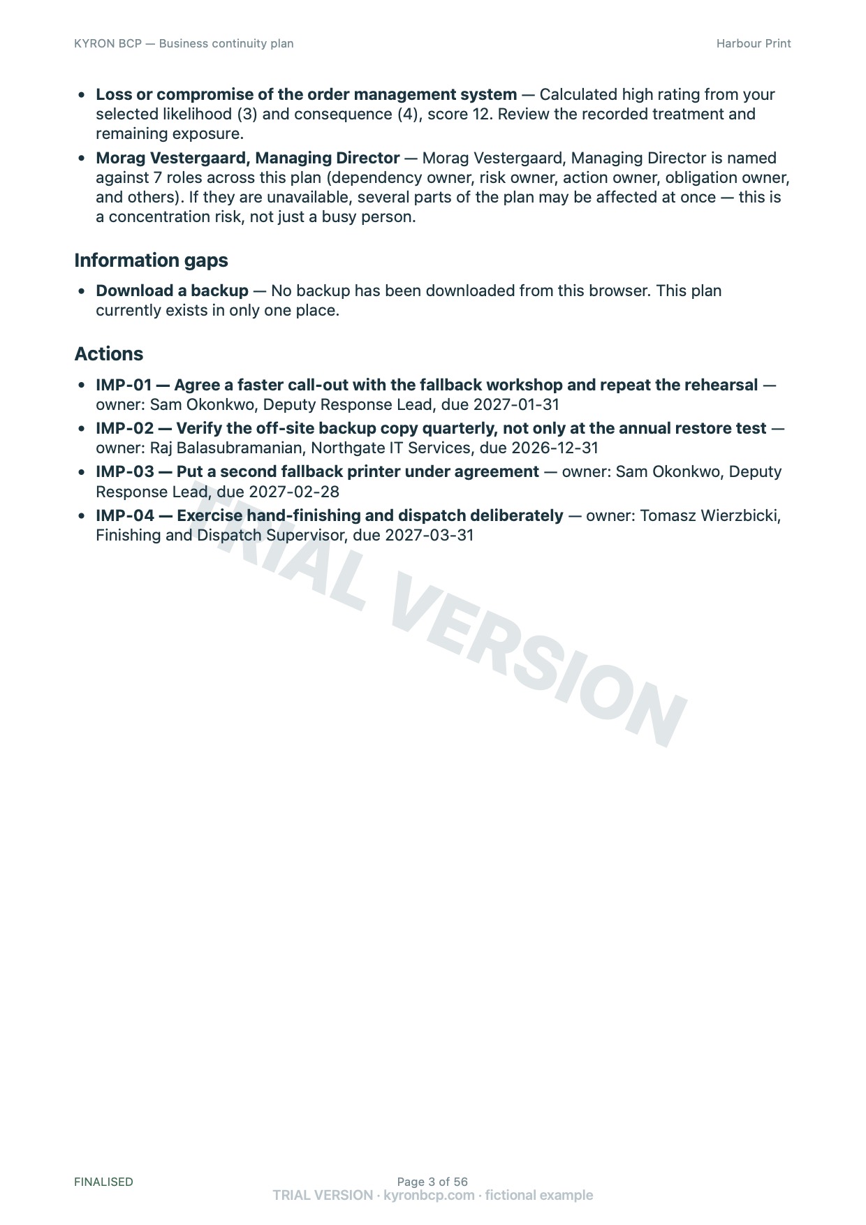 Page 3 of the fictional Harbour Print continuity plan, marked TRIAL VERSION