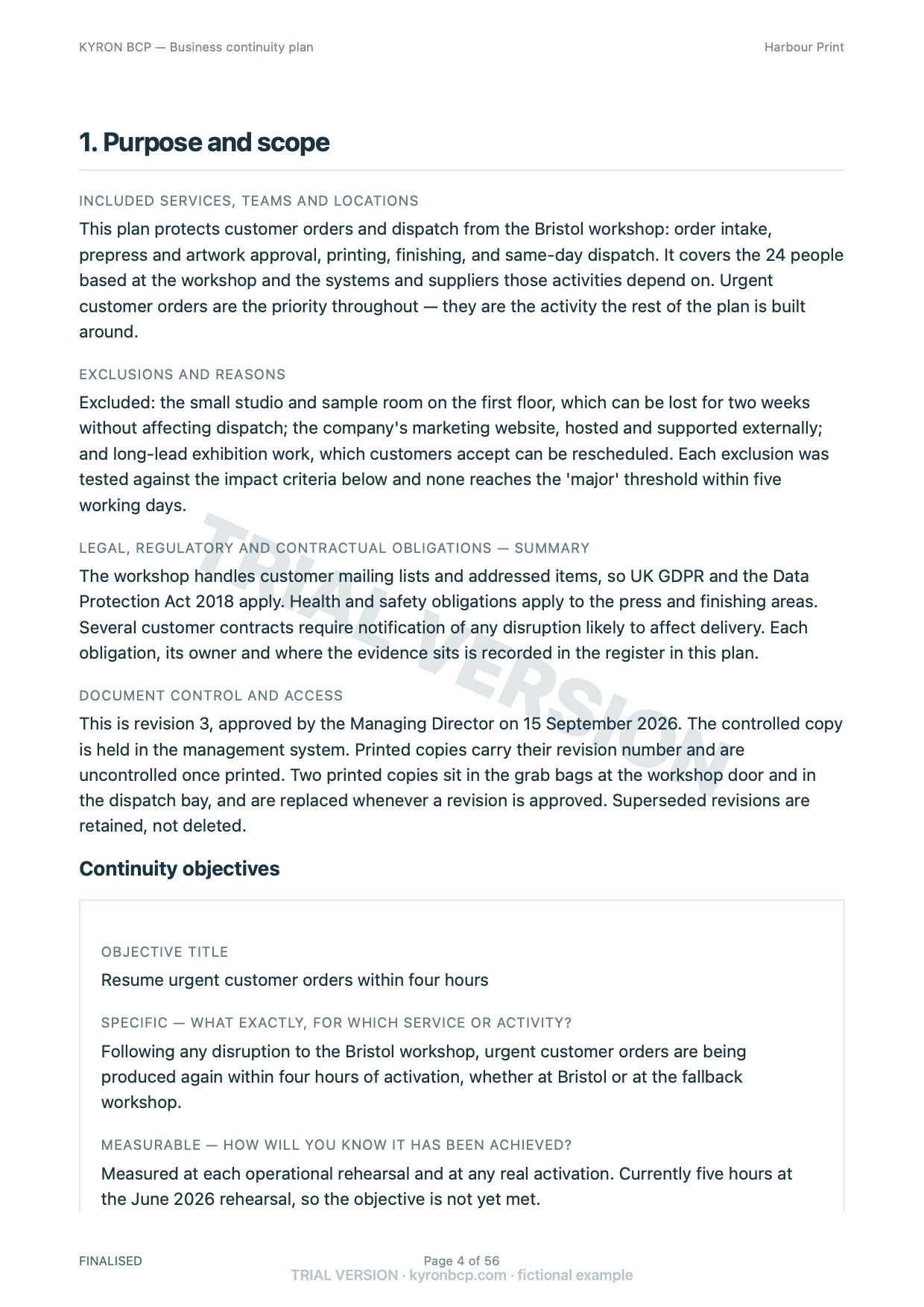 Page 4 of the fictional Harbour Print continuity plan, marked TRIAL VERSION