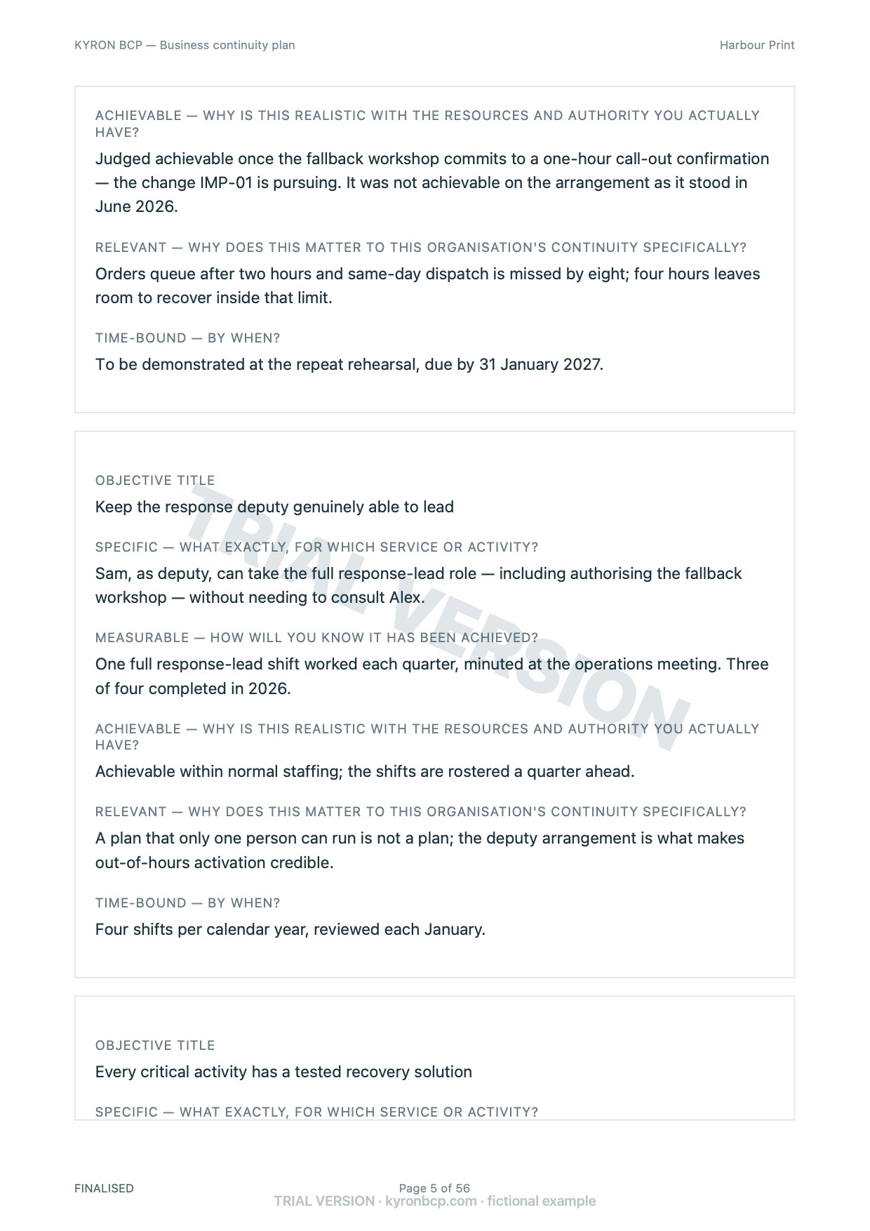 Page 5 of the fictional Harbour Print continuity plan, marked TRIAL VERSION