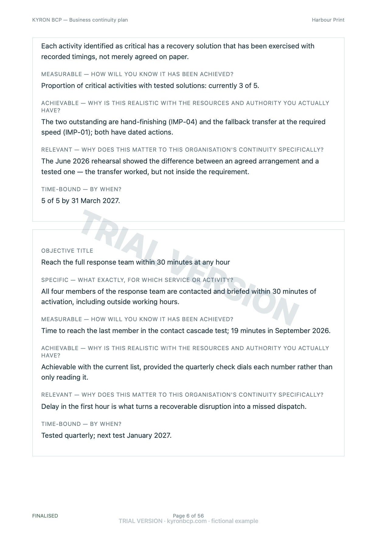 Page 6 of the fictional Harbour Print continuity plan, marked TRIAL VERSION