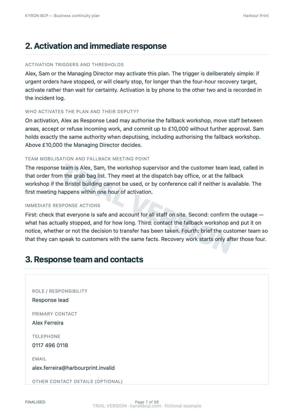 Page 7 of the fictional Harbour Print continuity plan, marked TRIAL VERSION
