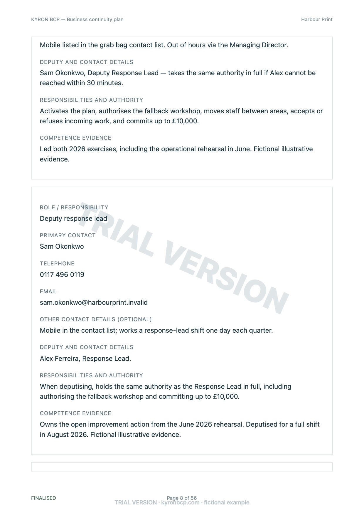 Page 8 of the fictional Harbour Print continuity plan, marked TRIAL VERSION