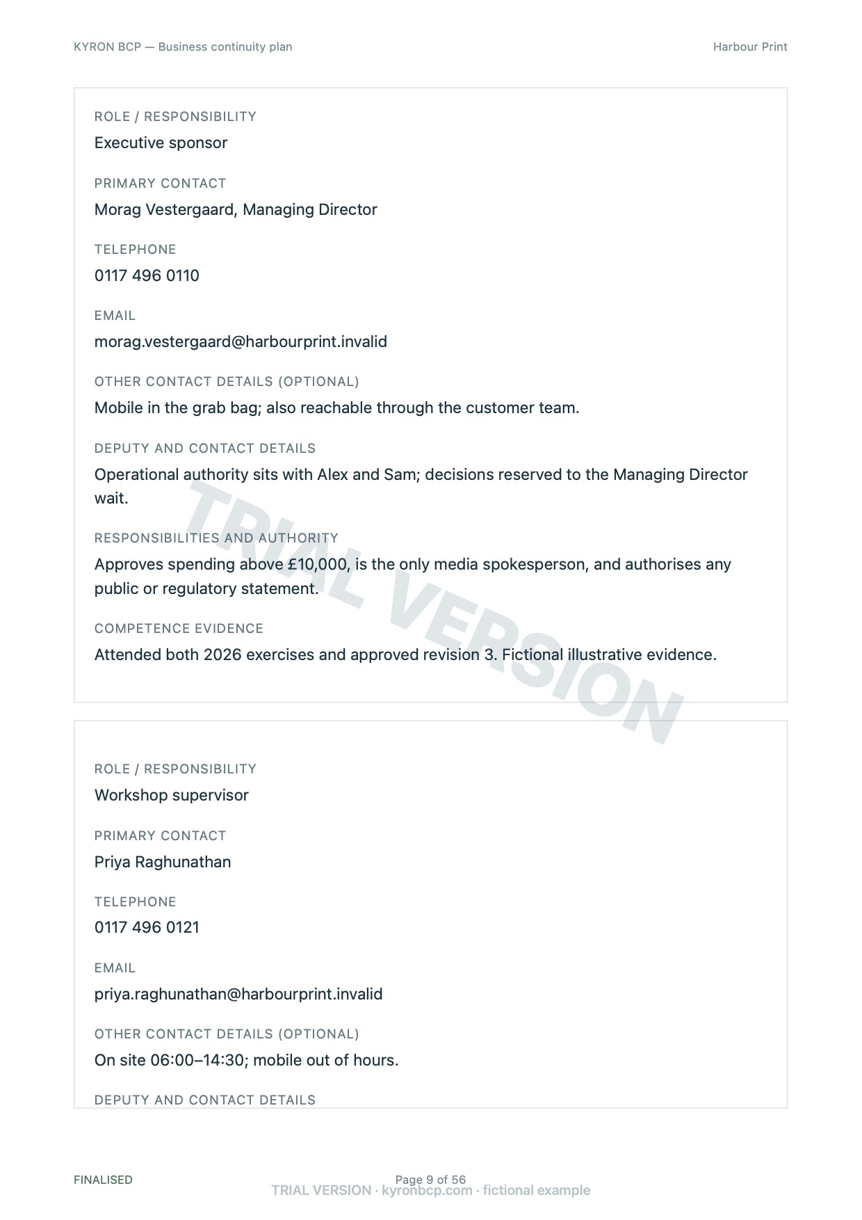 Page 9 of the fictional Harbour Print continuity plan, marked TRIAL VERSION