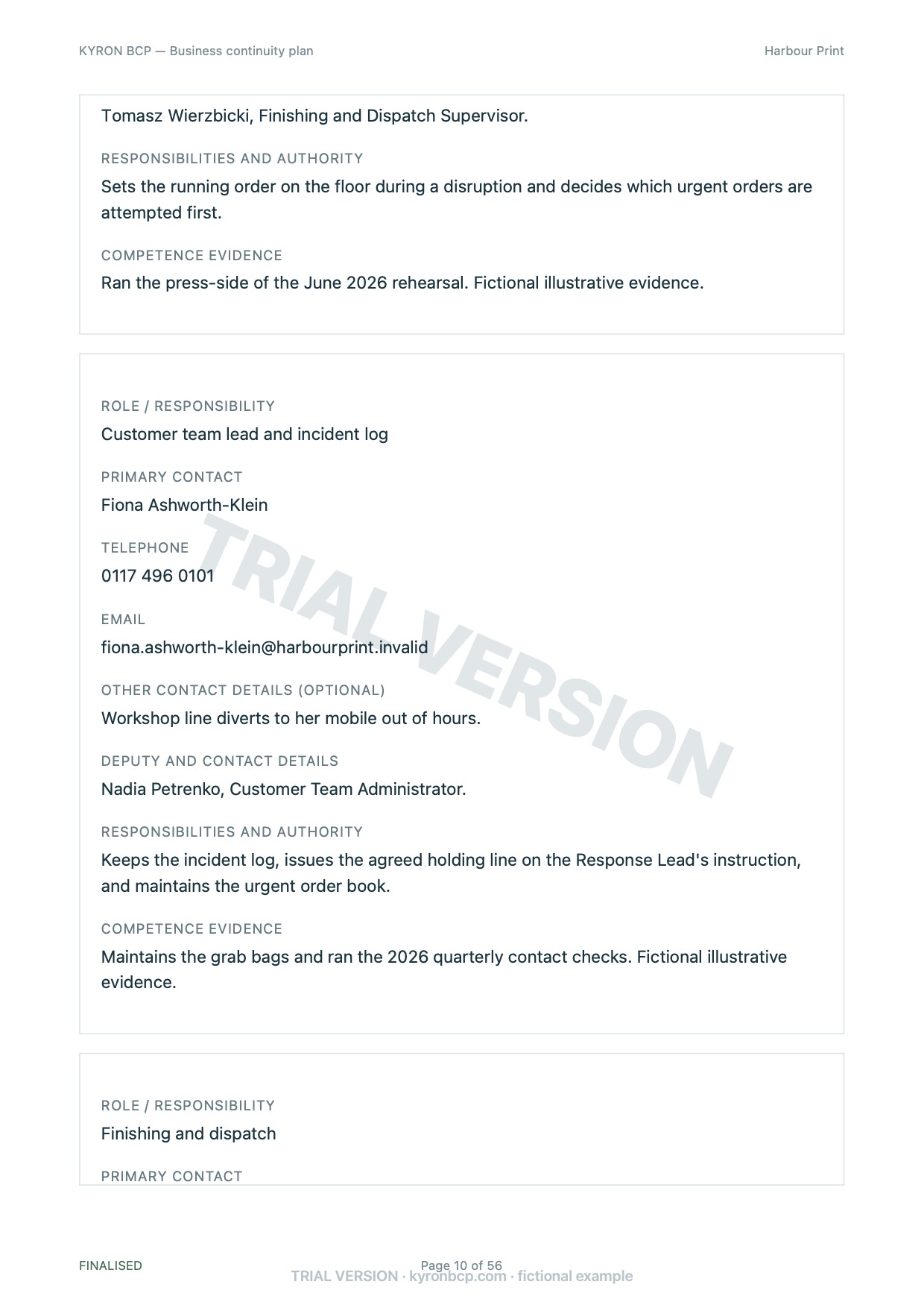 Page 10 of the fictional Harbour Print continuity plan, marked TRIAL VERSION