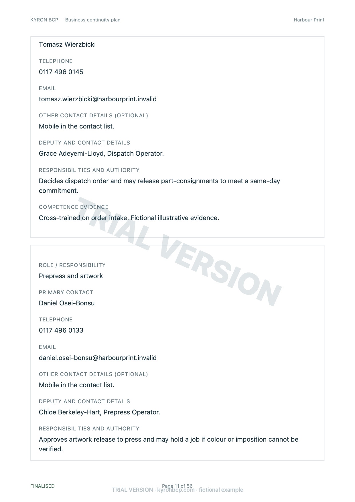 Page 11 of the fictional Harbour Print continuity plan, marked TRIAL VERSION