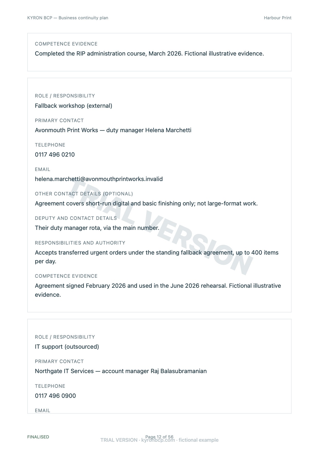 Page 12 of the fictional Harbour Print continuity plan, marked TRIAL VERSION