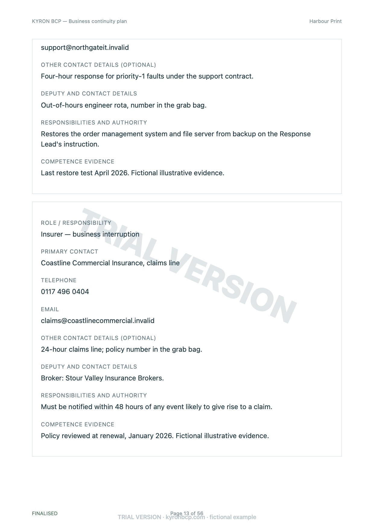 Page 13 of the fictional Harbour Print continuity plan, marked TRIAL VERSION