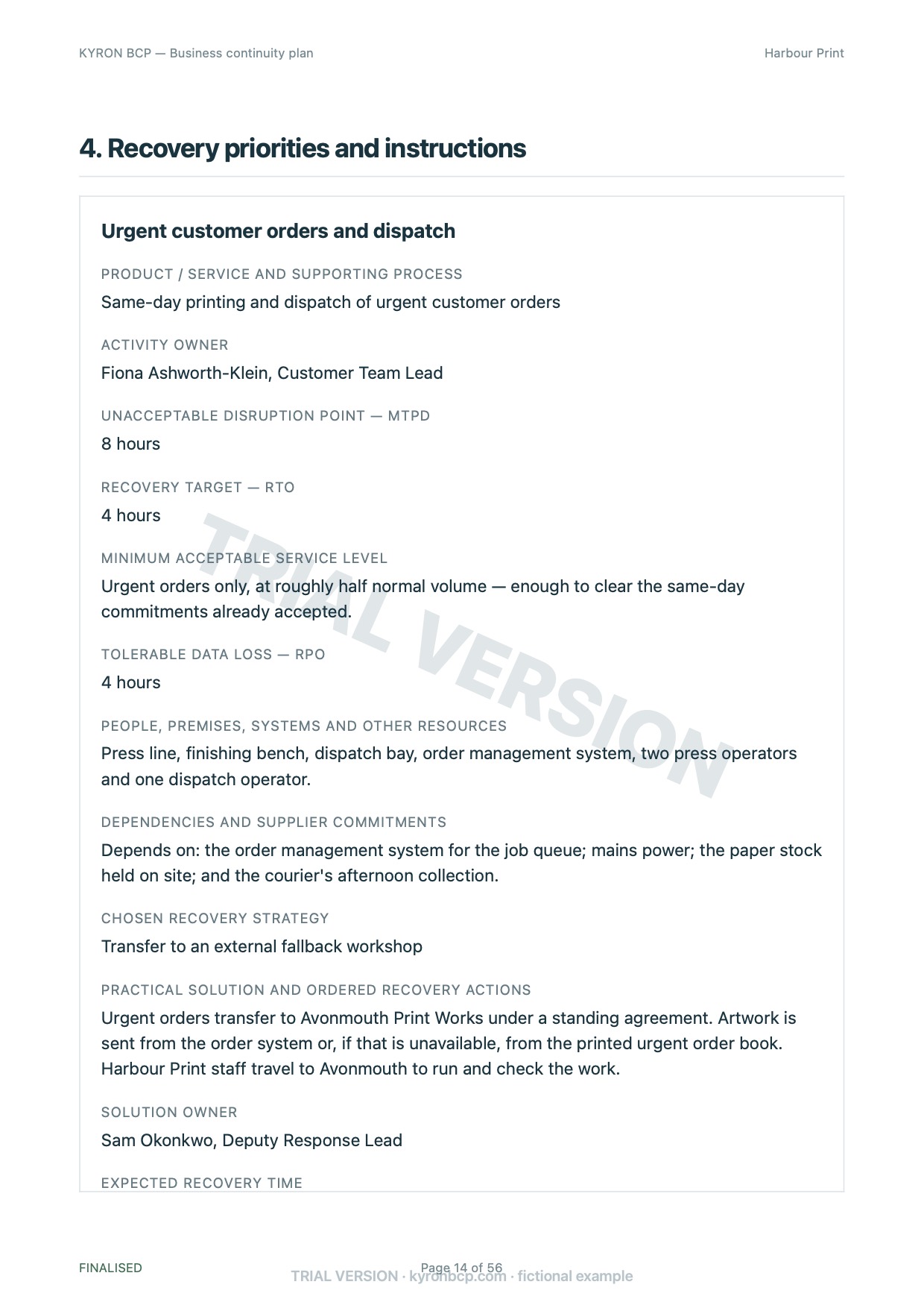 Page 14 of the fictional Harbour Print continuity plan, marked TRIAL VERSION