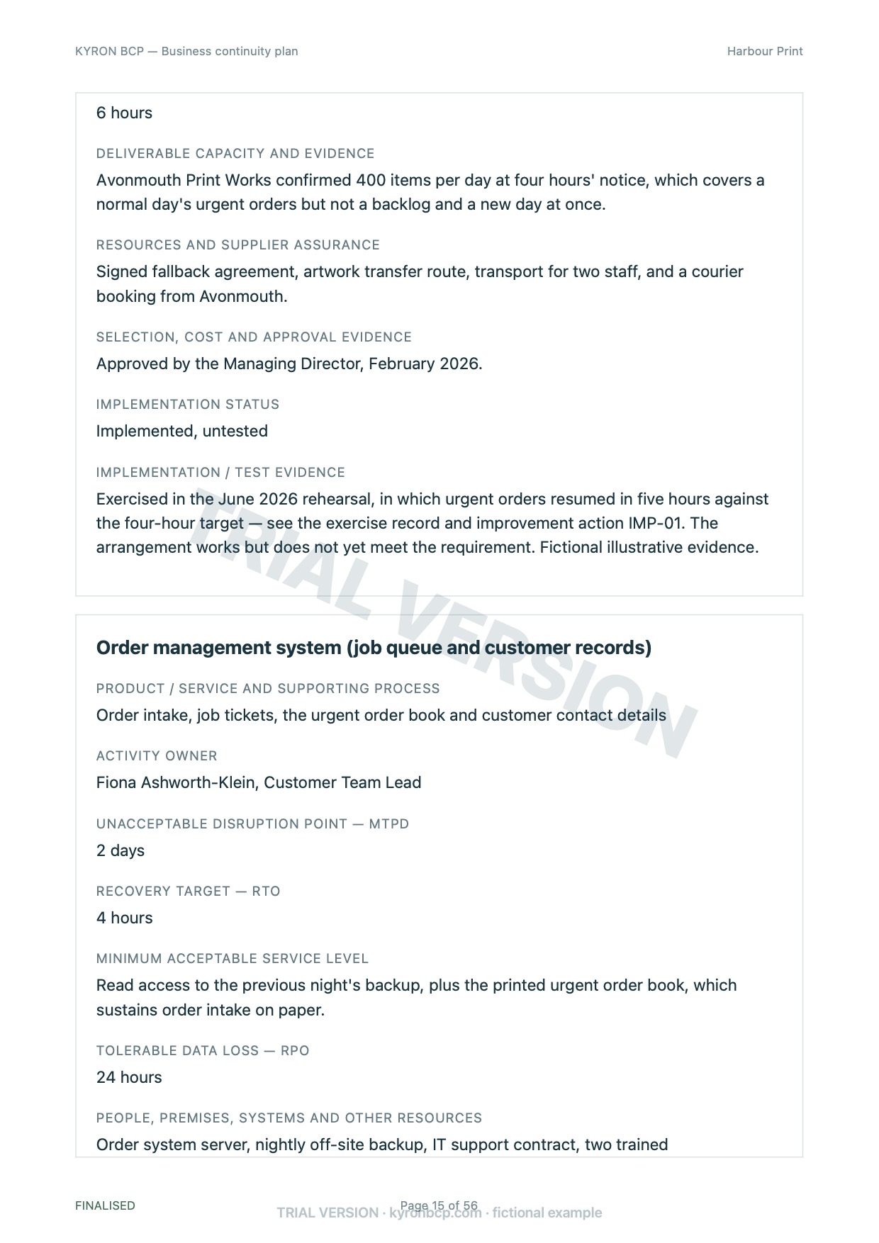 Page 15 of the fictional Harbour Print continuity plan, marked TRIAL VERSION