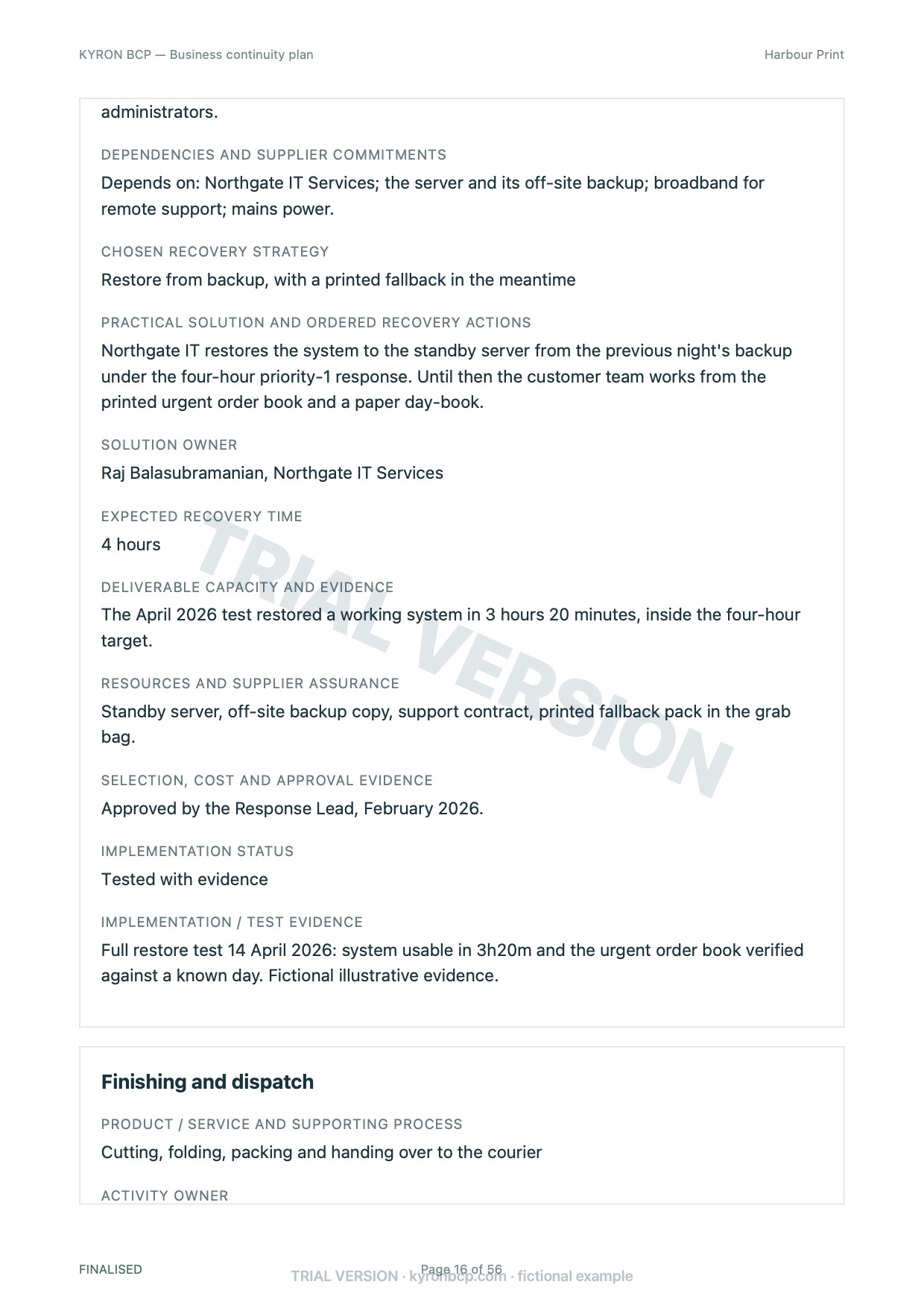 Page 16 of the fictional Harbour Print continuity plan, marked TRIAL VERSION