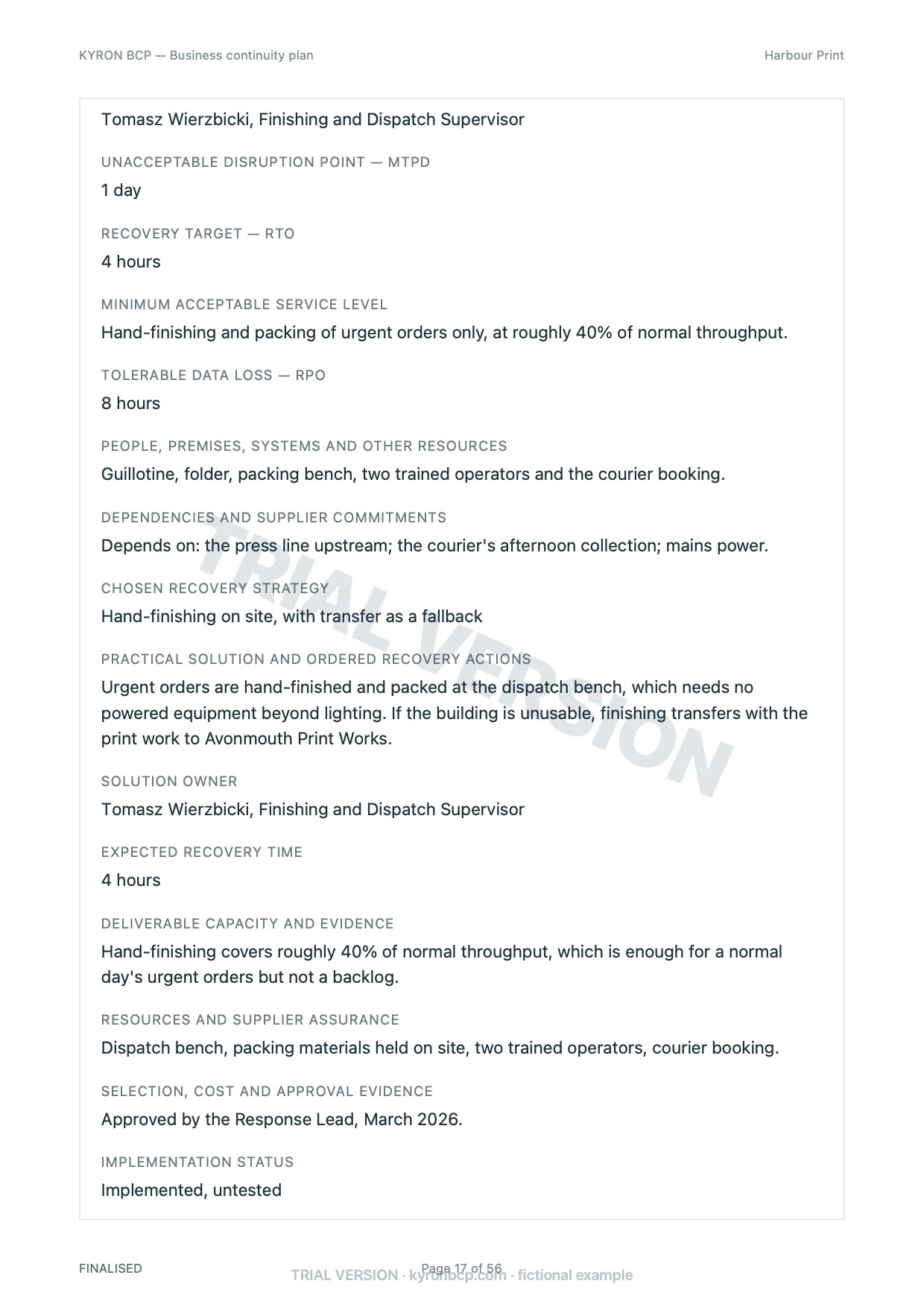 Page 17 of the fictional Harbour Print continuity plan, marked TRIAL VERSION