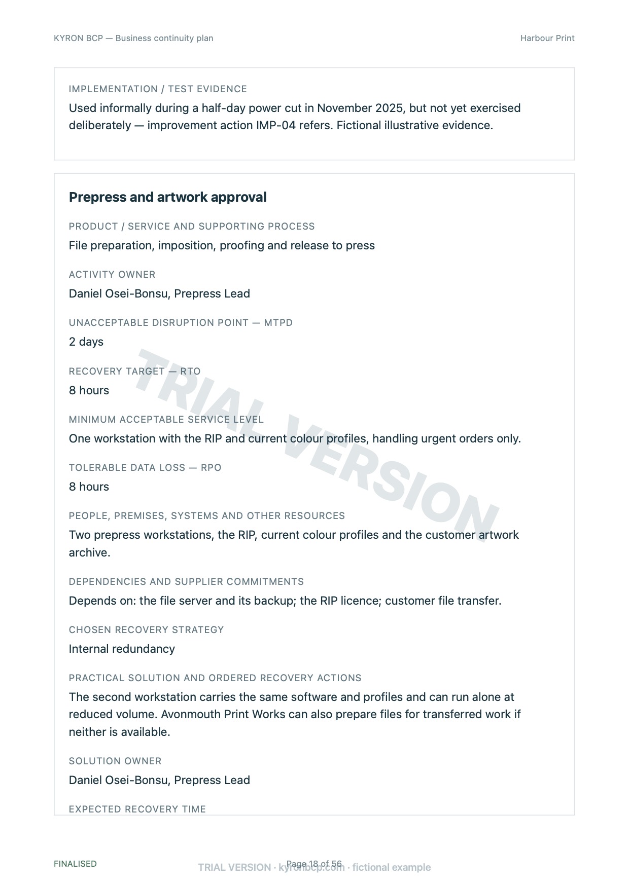 Page 18 of the fictional Harbour Print continuity plan, marked TRIAL VERSION