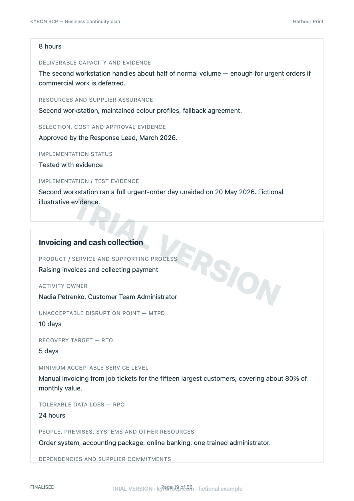 Page 19 of the fictional Harbour Print continuity plan, marked TRIAL VERSION