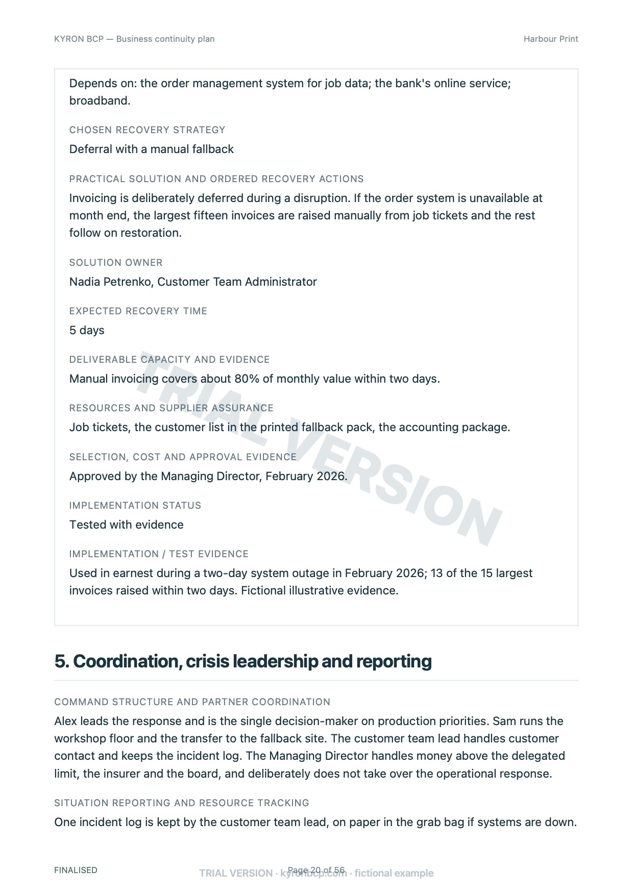 Page 20 of the fictional Harbour Print continuity plan, marked TRIAL VERSION