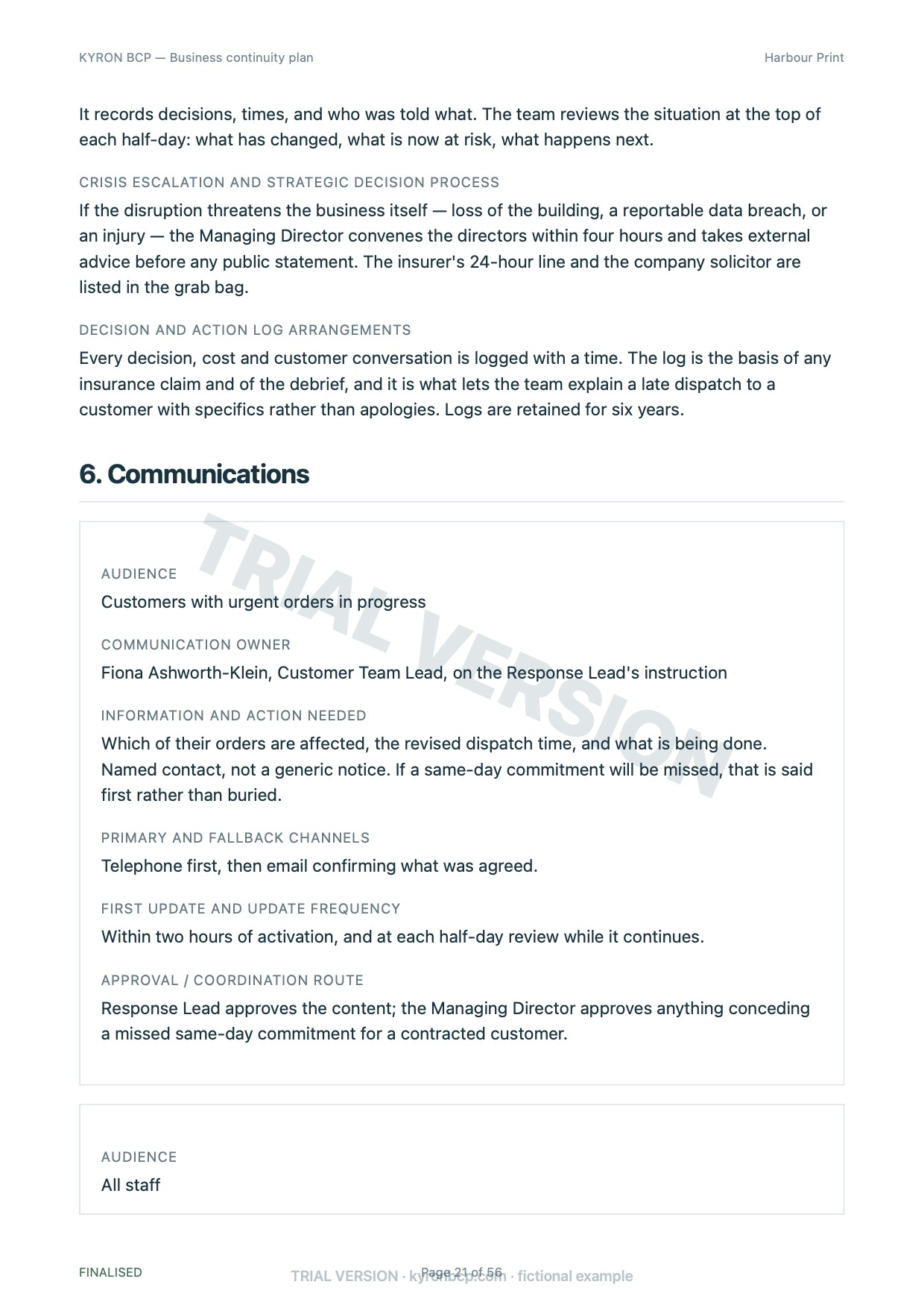 Page 21 of the fictional Harbour Print continuity plan, marked TRIAL VERSION