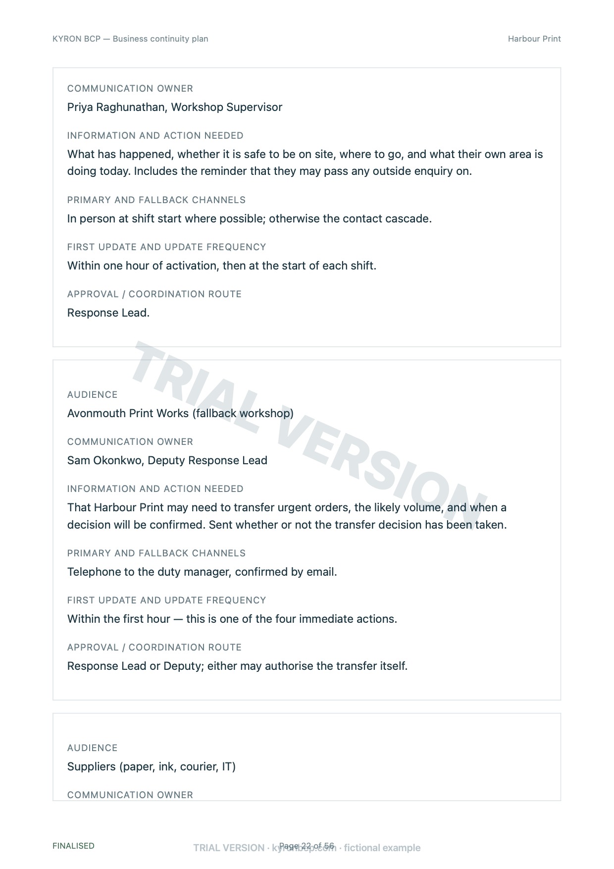 Page 22 of the fictional Harbour Print continuity plan, marked TRIAL VERSION