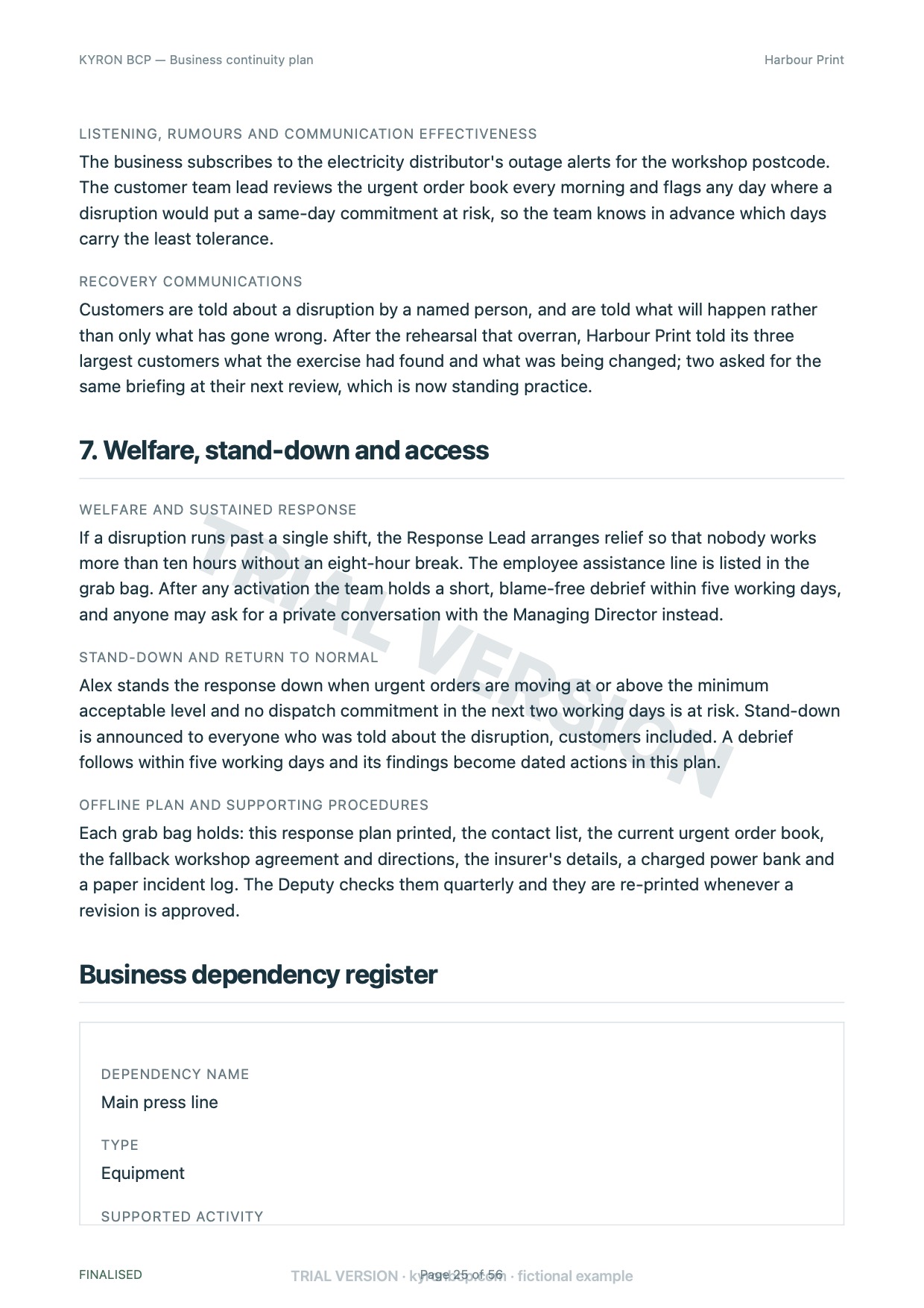 Page 25 of the fictional Harbour Print continuity plan, marked TRIAL VERSION