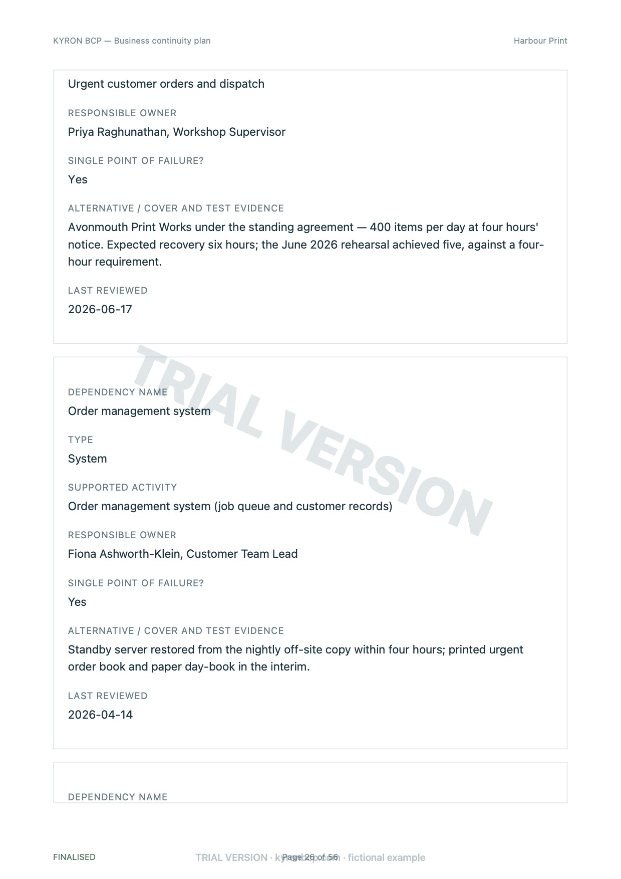 Page 26 of the fictional Harbour Print continuity plan, marked TRIAL VERSION
