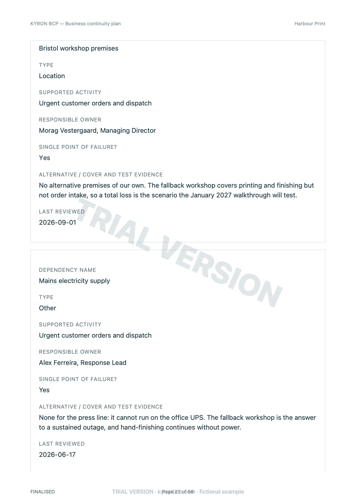 Page 27 of the fictional Harbour Print continuity plan, marked TRIAL VERSION