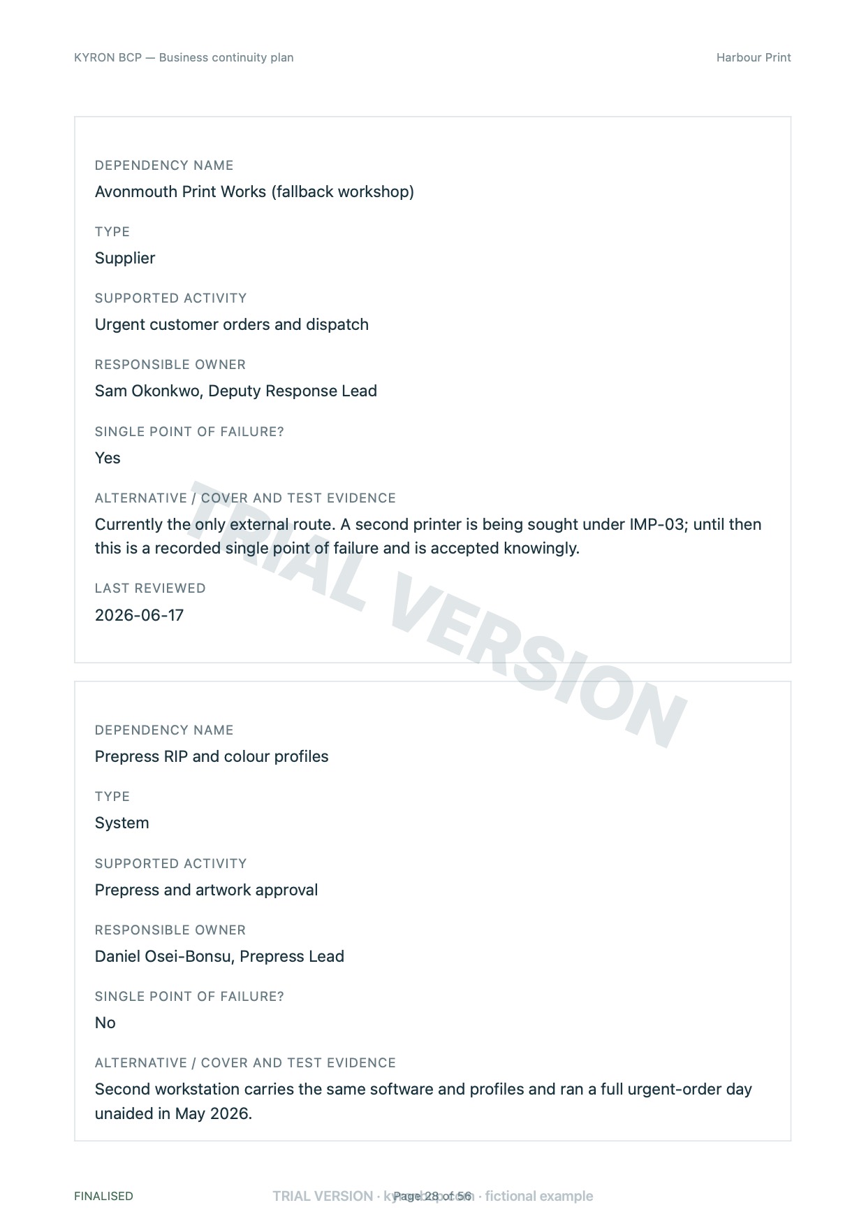 Page 28 of the fictional Harbour Print continuity plan, marked TRIAL VERSION