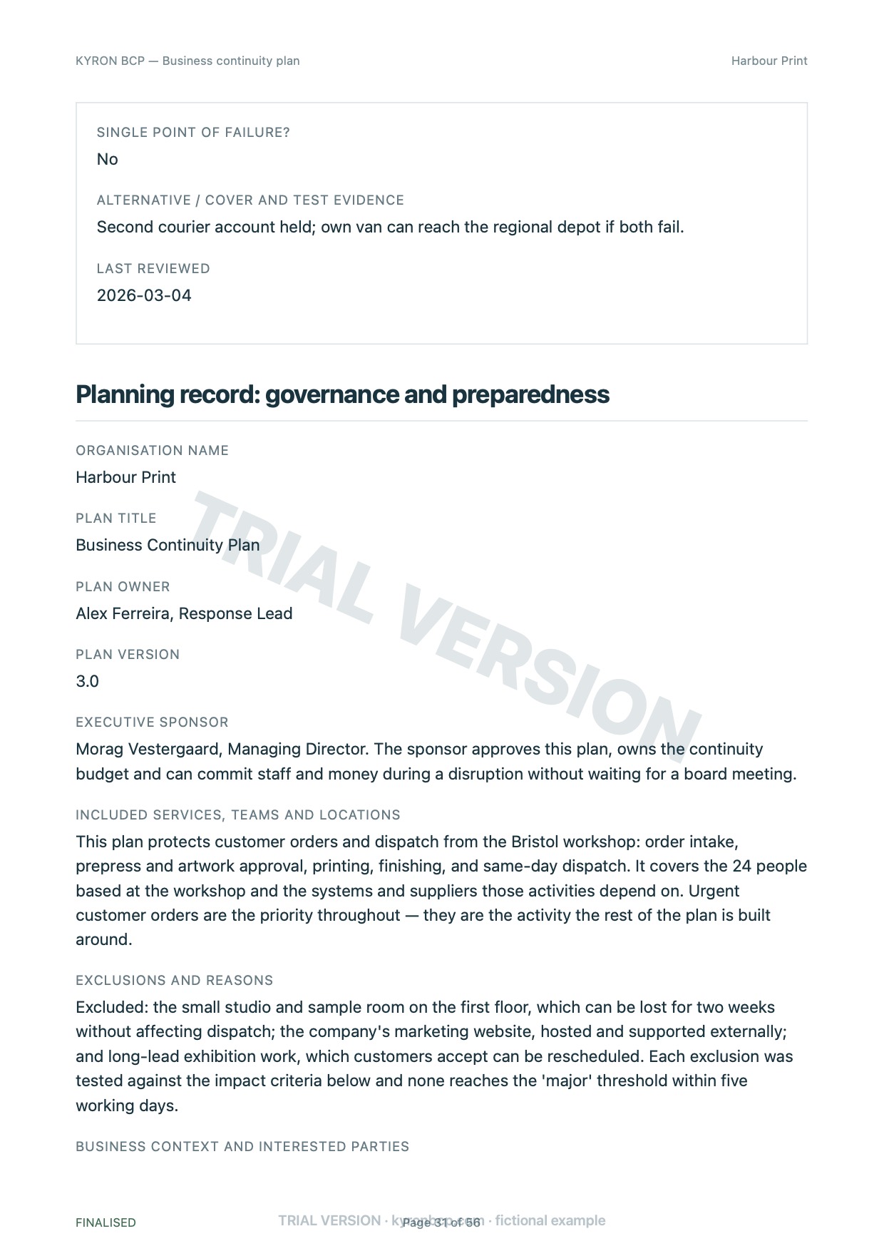 Page 31 of the fictional Harbour Print continuity plan, marked TRIAL VERSION