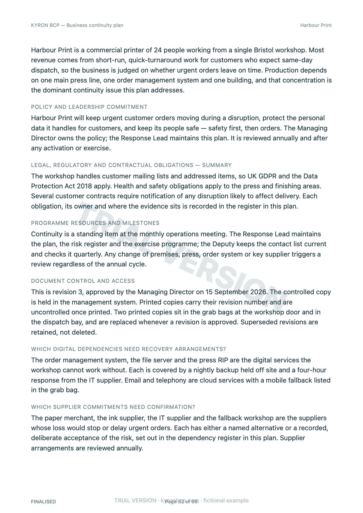 Page 32 of the fictional Harbour Print continuity plan, marked TRIAL VERSION