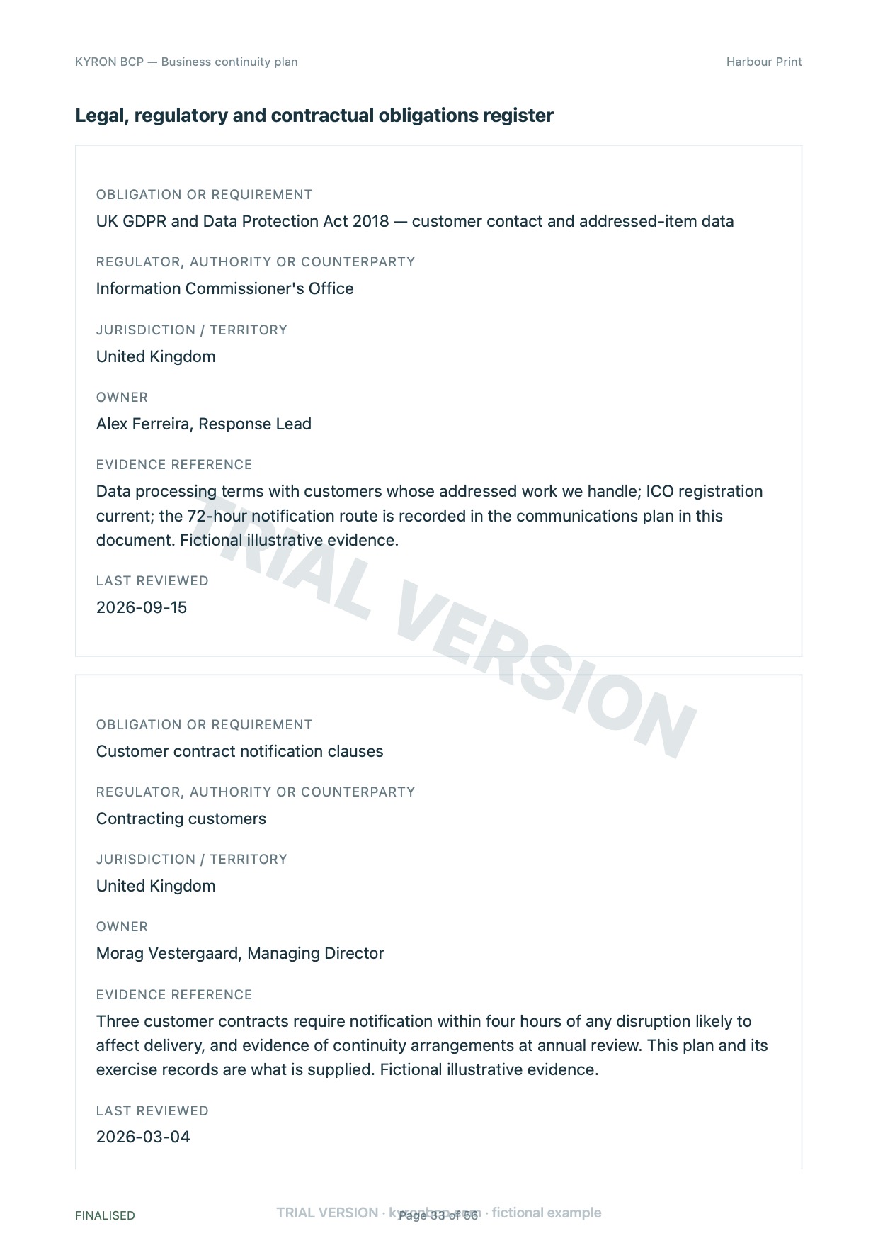 Page 33 of the fictional Harbour Print continuity plan, marked TRIAL VERSION