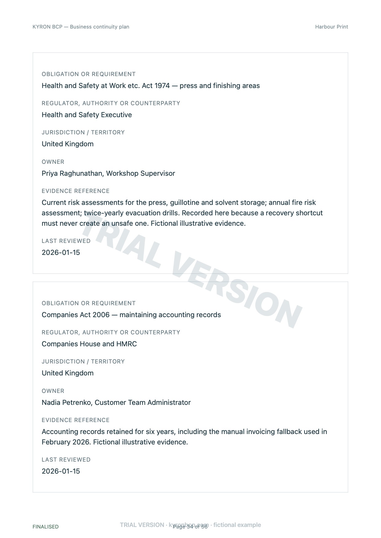 Page 34 of the fictional Harbour Print continuity plan, marked TRIAL VERSION