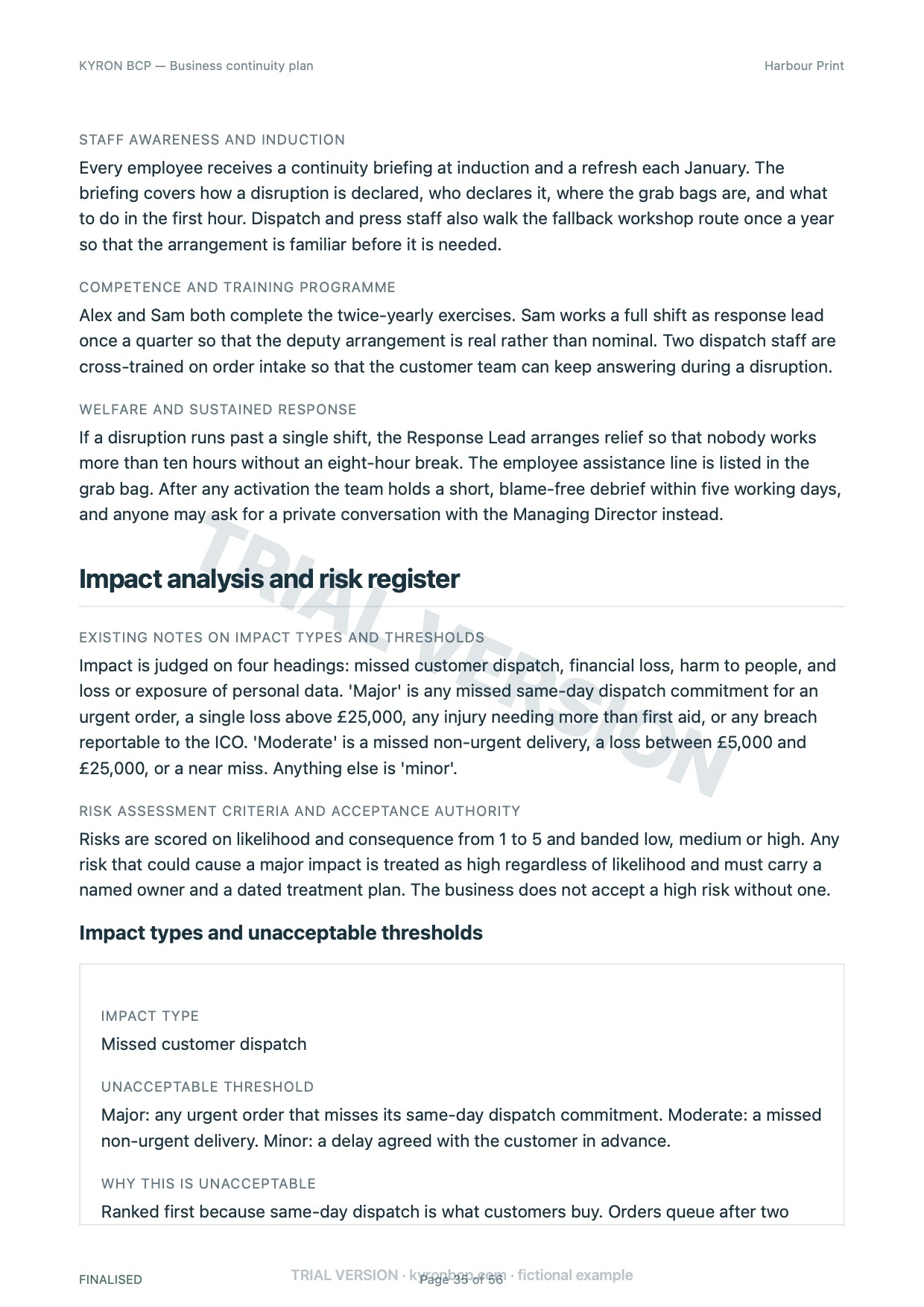 Page 35 of the fictional Harbour Print continuity plan, marked TRIAL VERSION