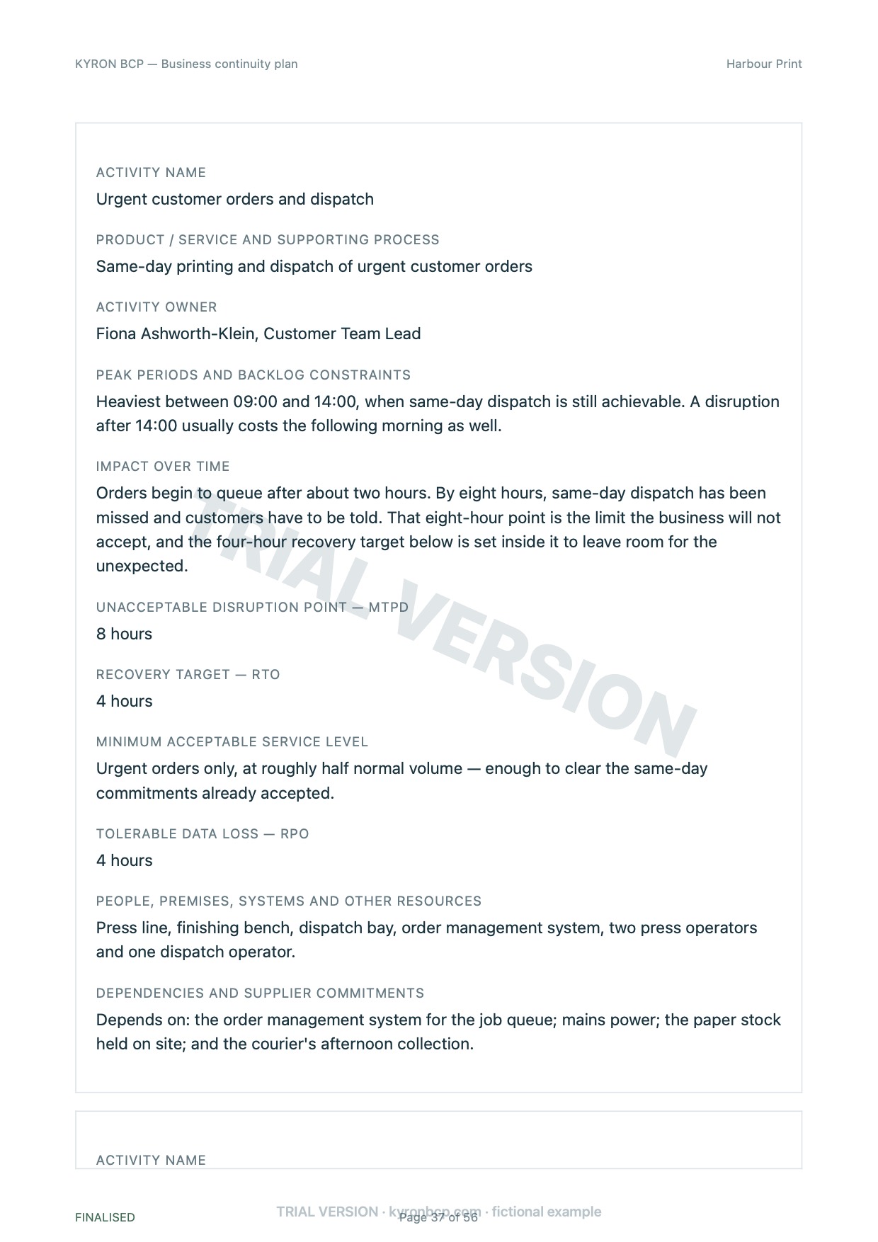 Page 37 of the fictional Harbour Print continuity plan, marked TRIAL VERSION