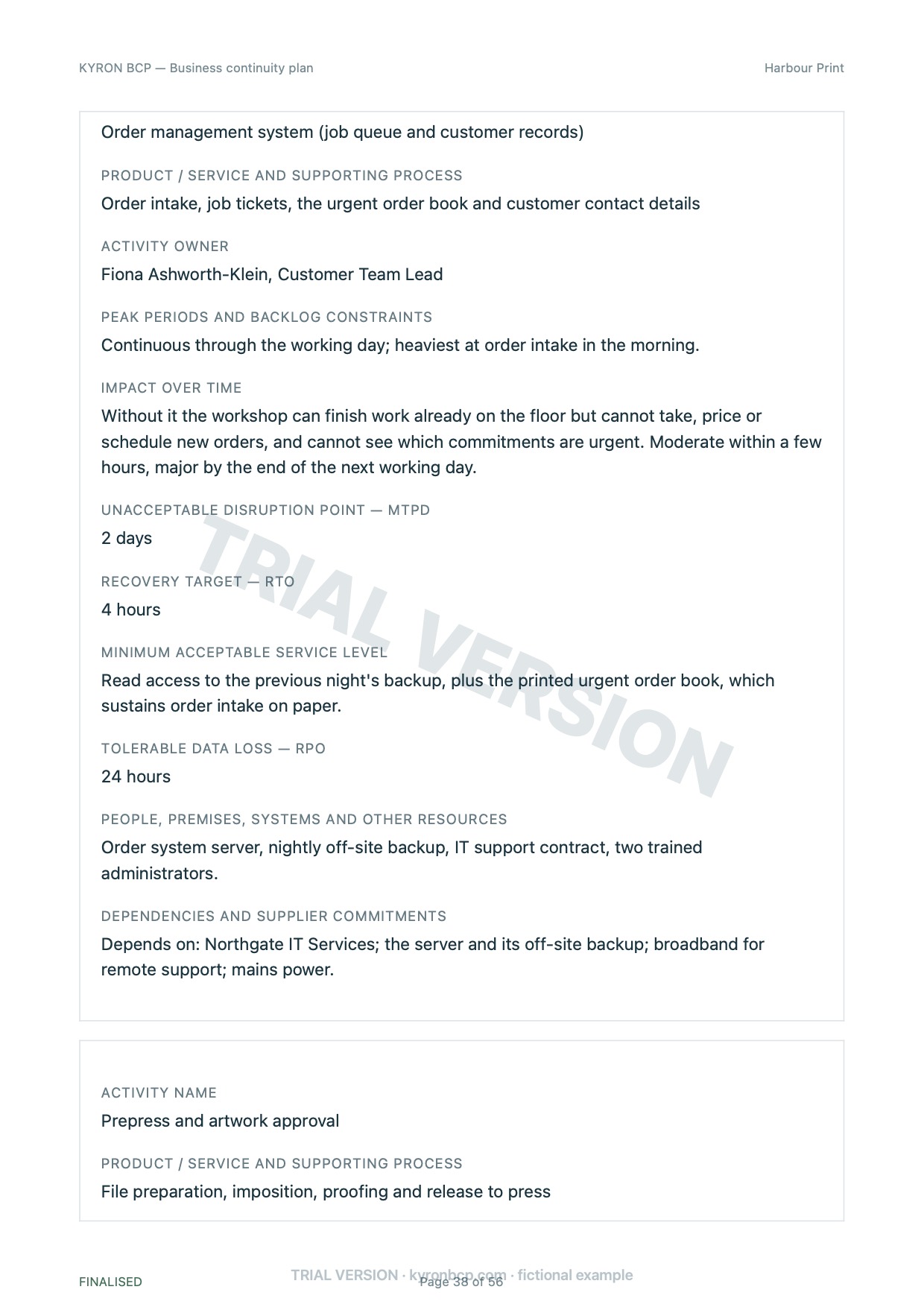 Page 38 of the fictional Harbour Print continuity plan, marked TRIAL VERSION