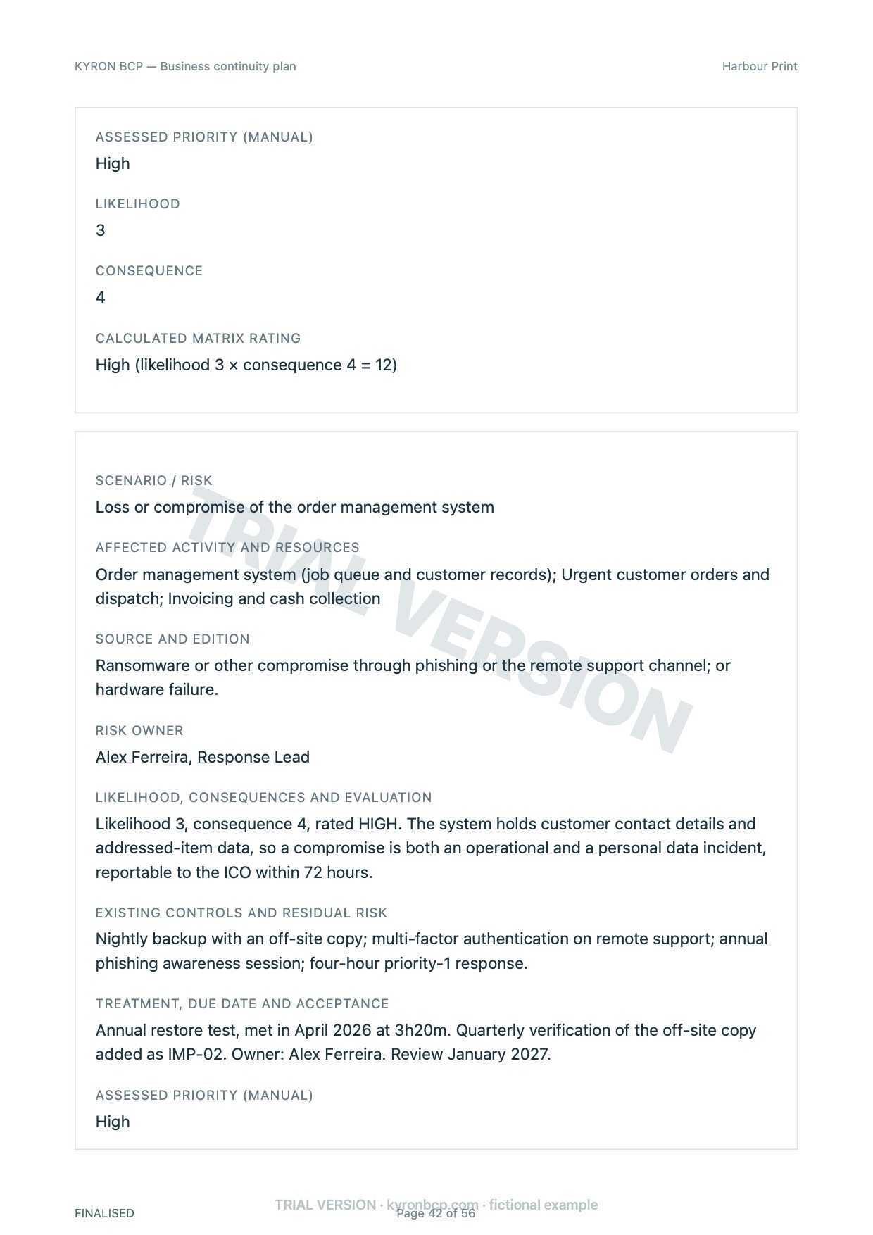 Page 42 of the fictional Harbour Print continuity plan, marked TRIAL VERSION