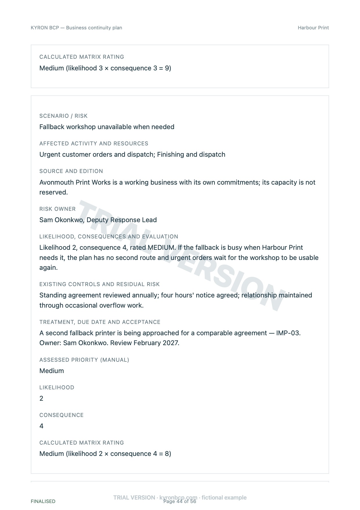 Page 44 of the fictional Harbour Print continuity plan, marked TRIAL VERSION