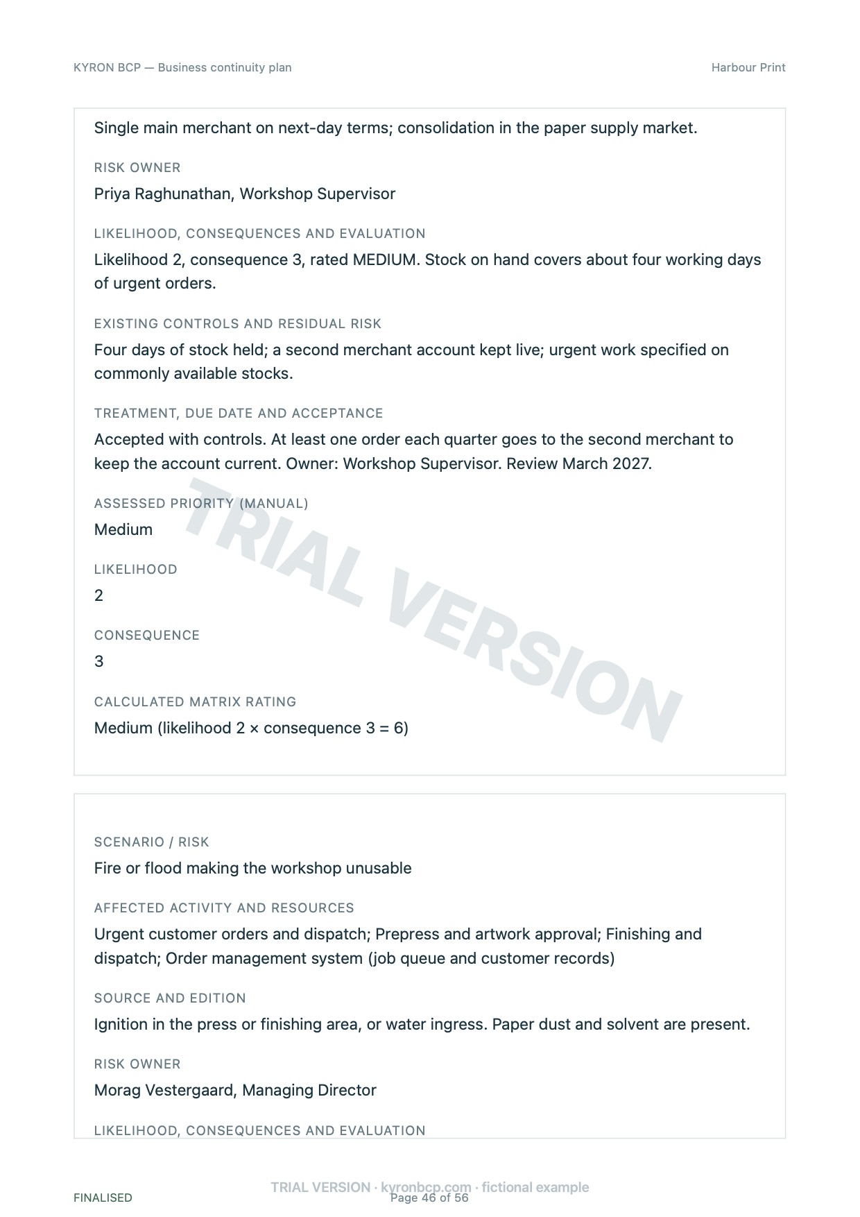 Page 46 of the fictional Harbour Print continuity plan, marked TRIAL VERSION