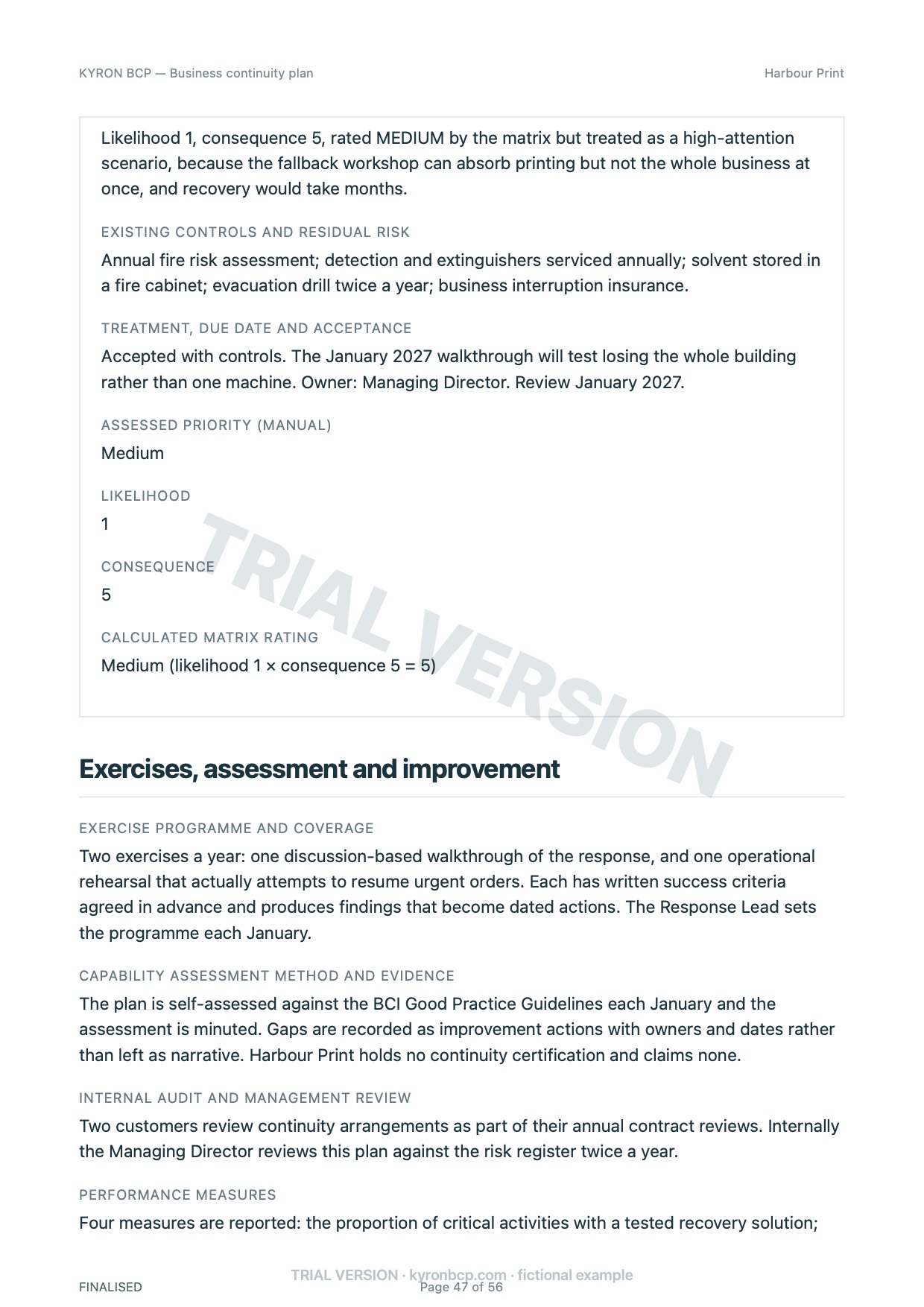 Page 47 of the fictional Harbour Print continuity plan, marked TRIAL VERSION