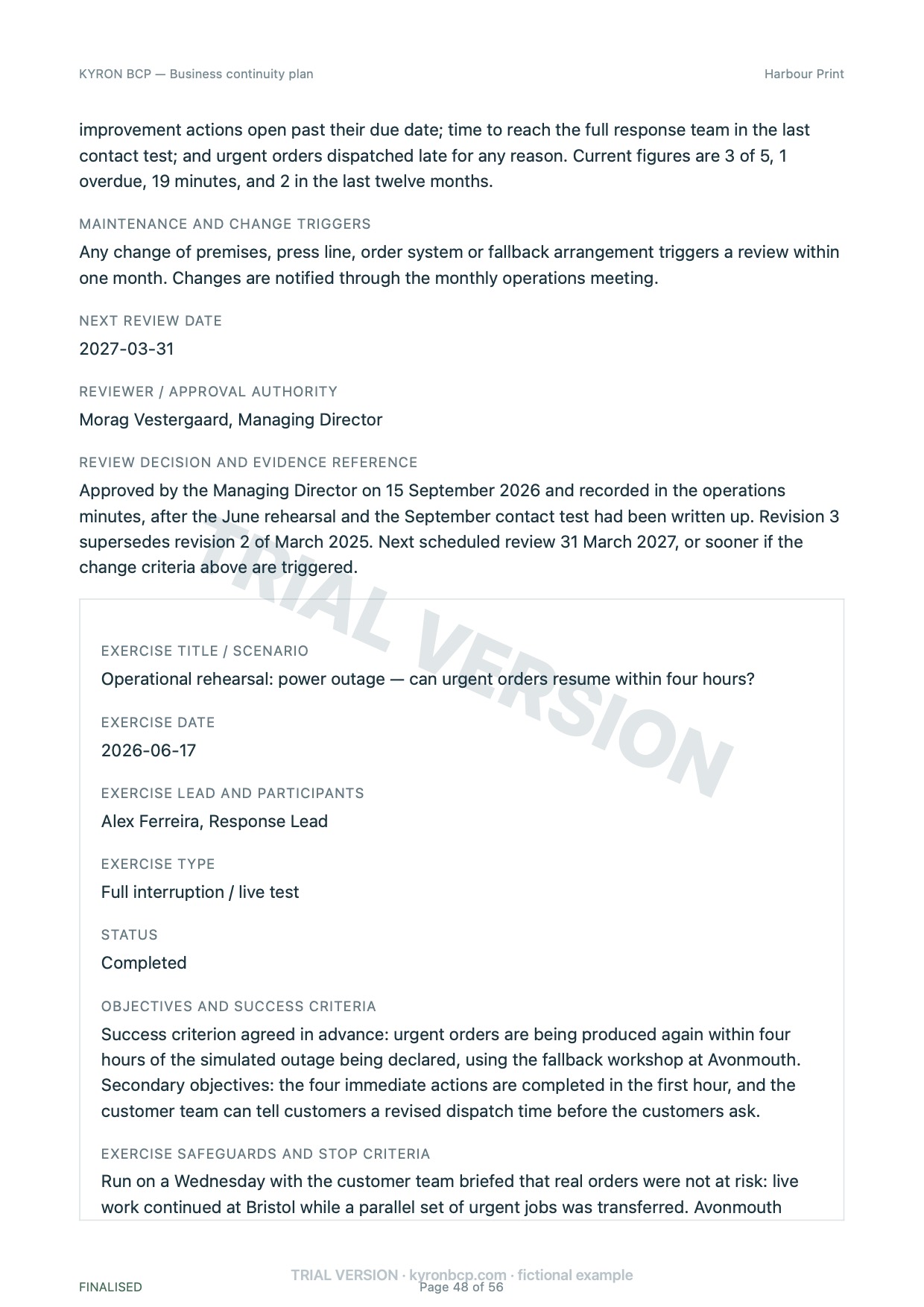 Page 48 of the fictional Harbour Print continuity plan, marked TRIAL VERSION