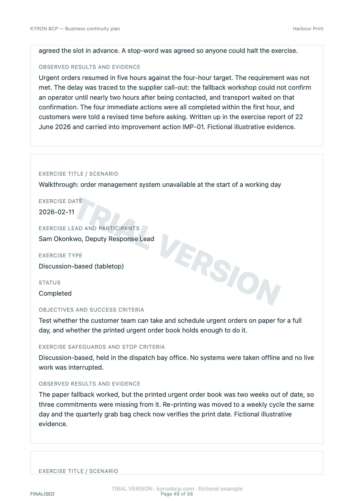 Page 49 of the fictional Harbour Print continuity plan, marked TRIAL VERSION