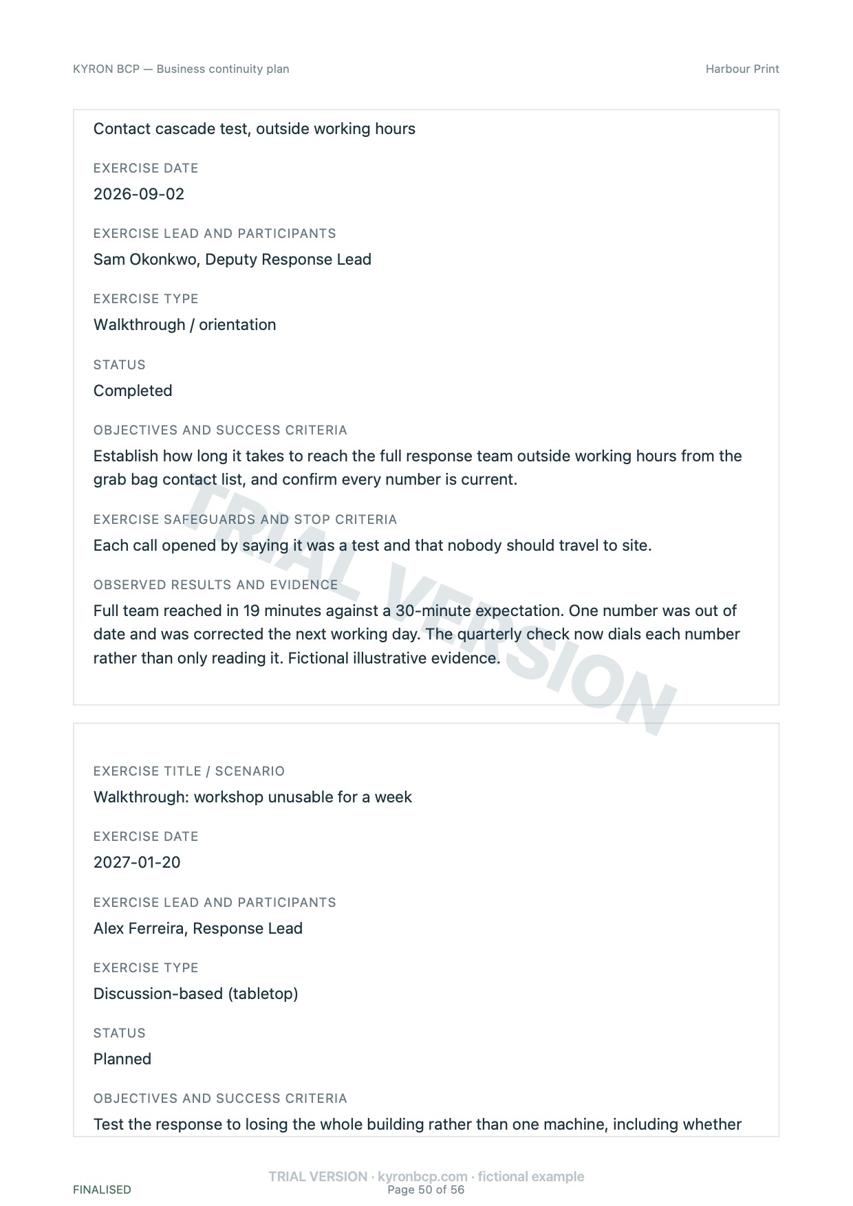 Page 50 of the fictional Harbour Print continuity plan, marked TRIAL VERSION