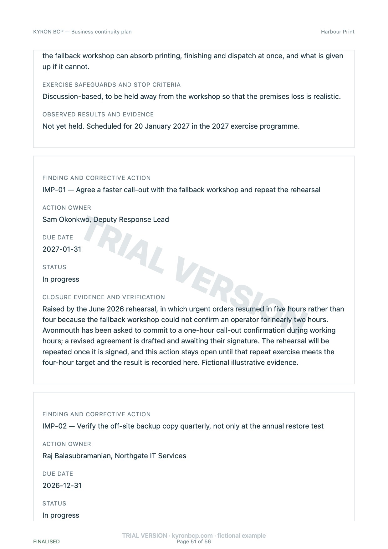 Page 51 of the fictional Harbour Print continuity plan, marked TRIAL VERSION