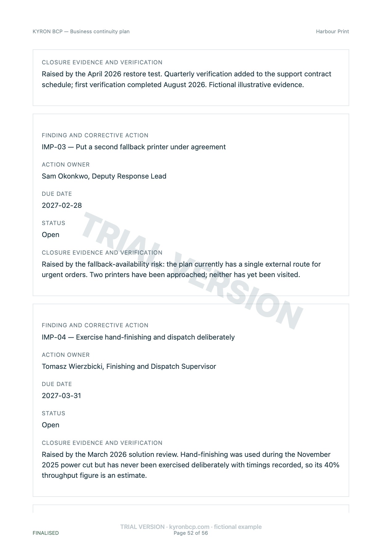 Page 52 of the fictional Harbour Print continuity plan, marked TRIAL VERSION