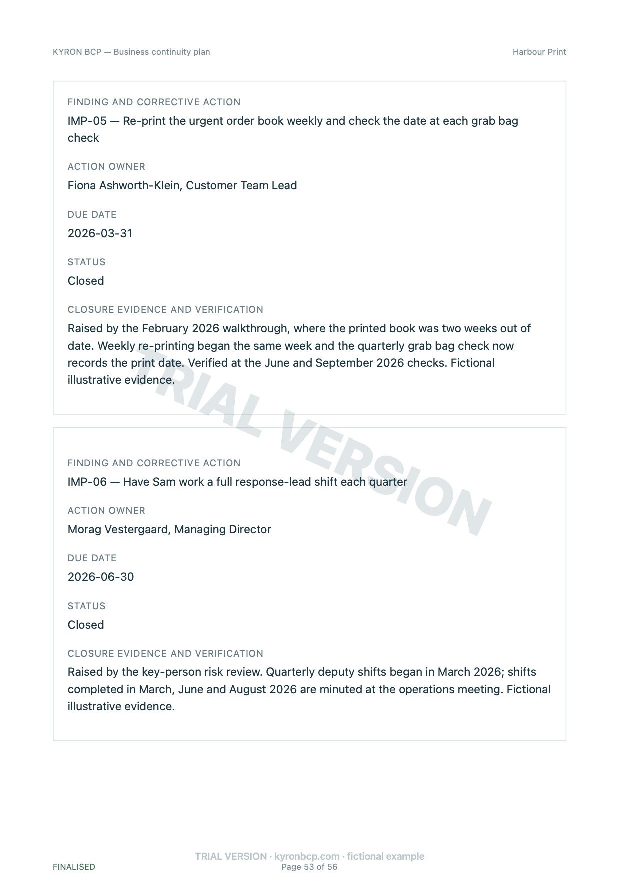 Page 53 of the fictional Harbour Print continuity plan, marked TRIAL VERSION