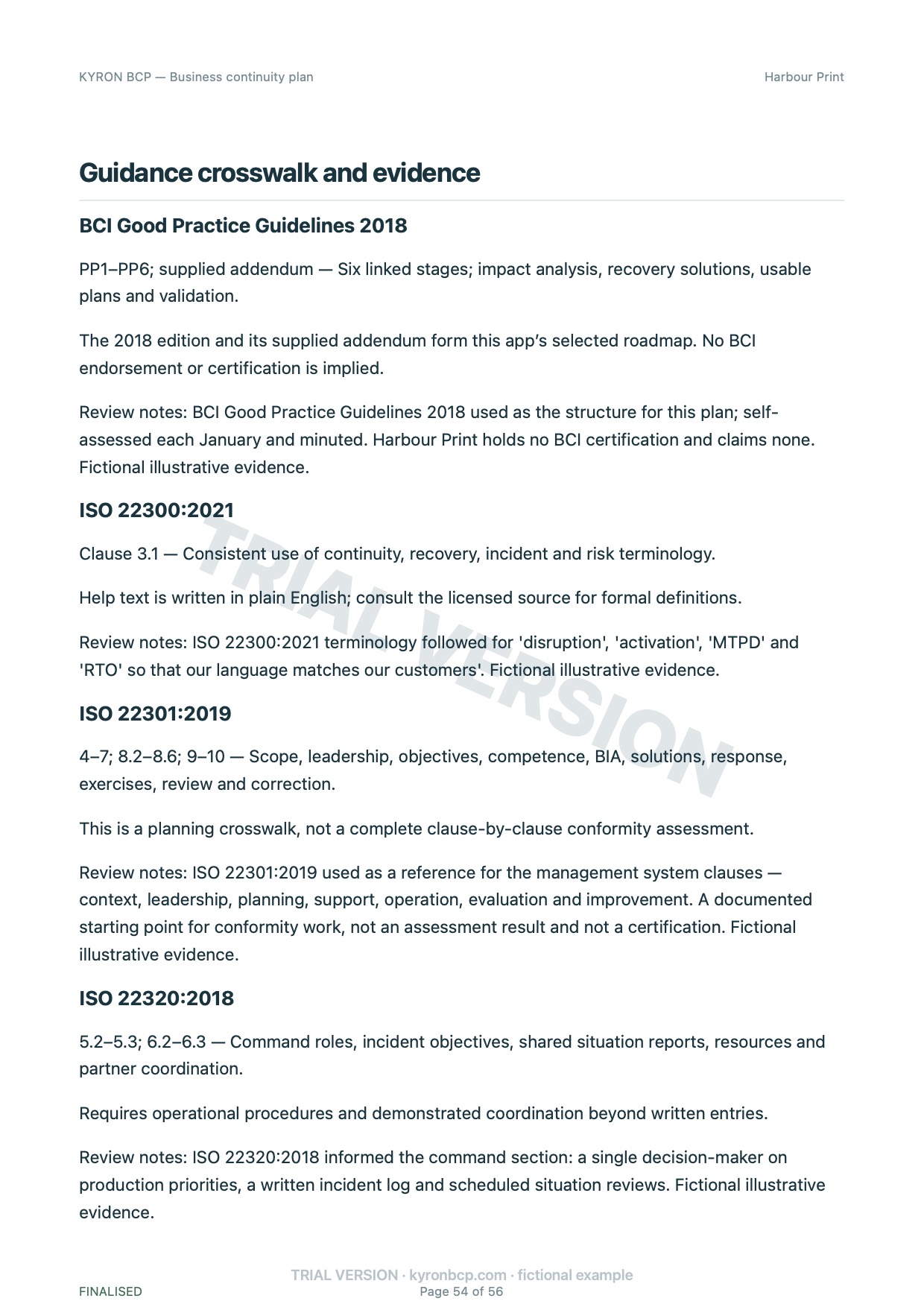 Page 54 of the fictional Harbour Print continuity plan, marked TRIAL VERSION