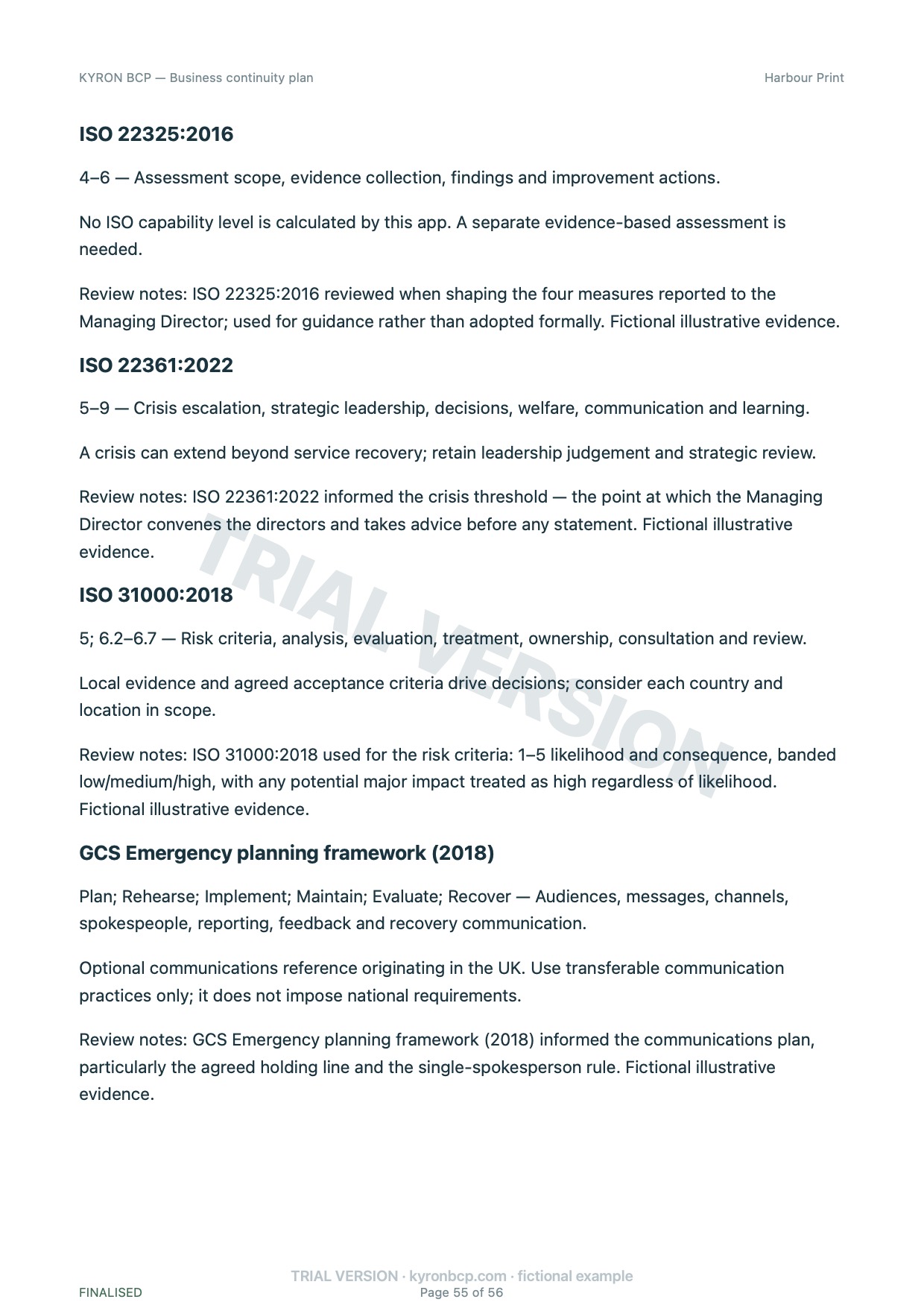 Page 55 of the fictional Harbour Print continuity plan, marked TRIAL VERSION
