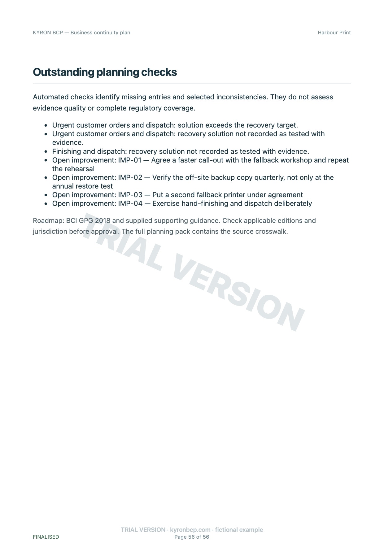 Page 56 of the fictional Harbour Print continuity plan, marked TRIAL VERSION